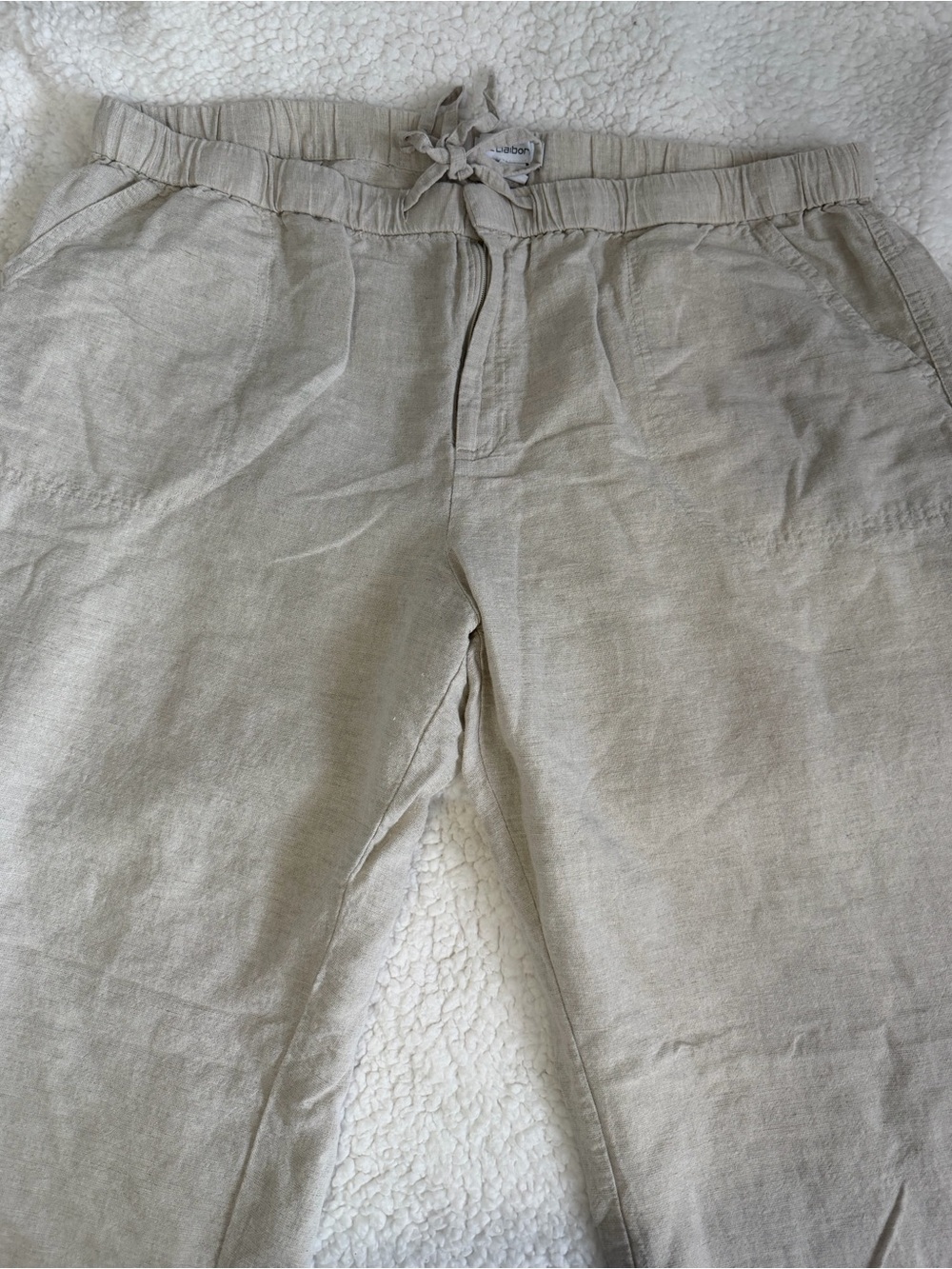 Liz Claiborne Light Beige Drawstring Linen-Blend Chinos